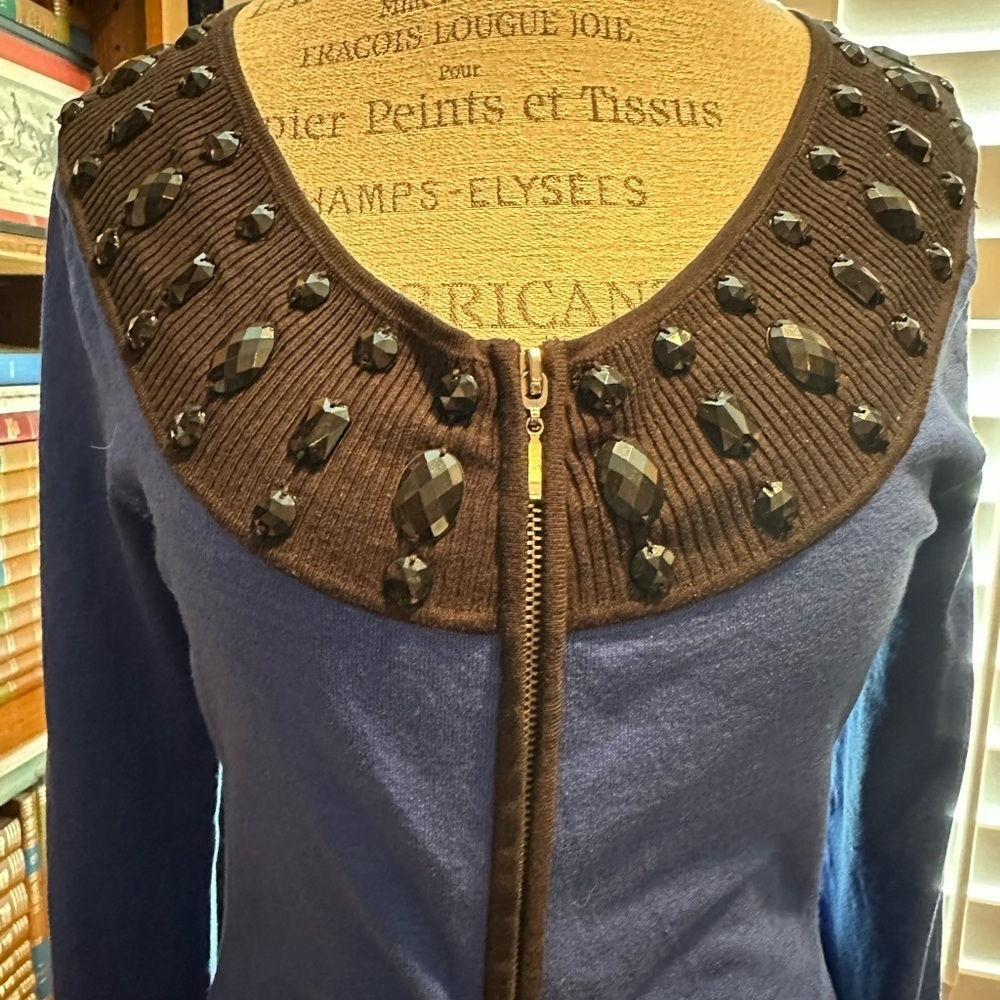 Elegant Blue Cardigan with Black Beaded Collar - Picture 7 of 13